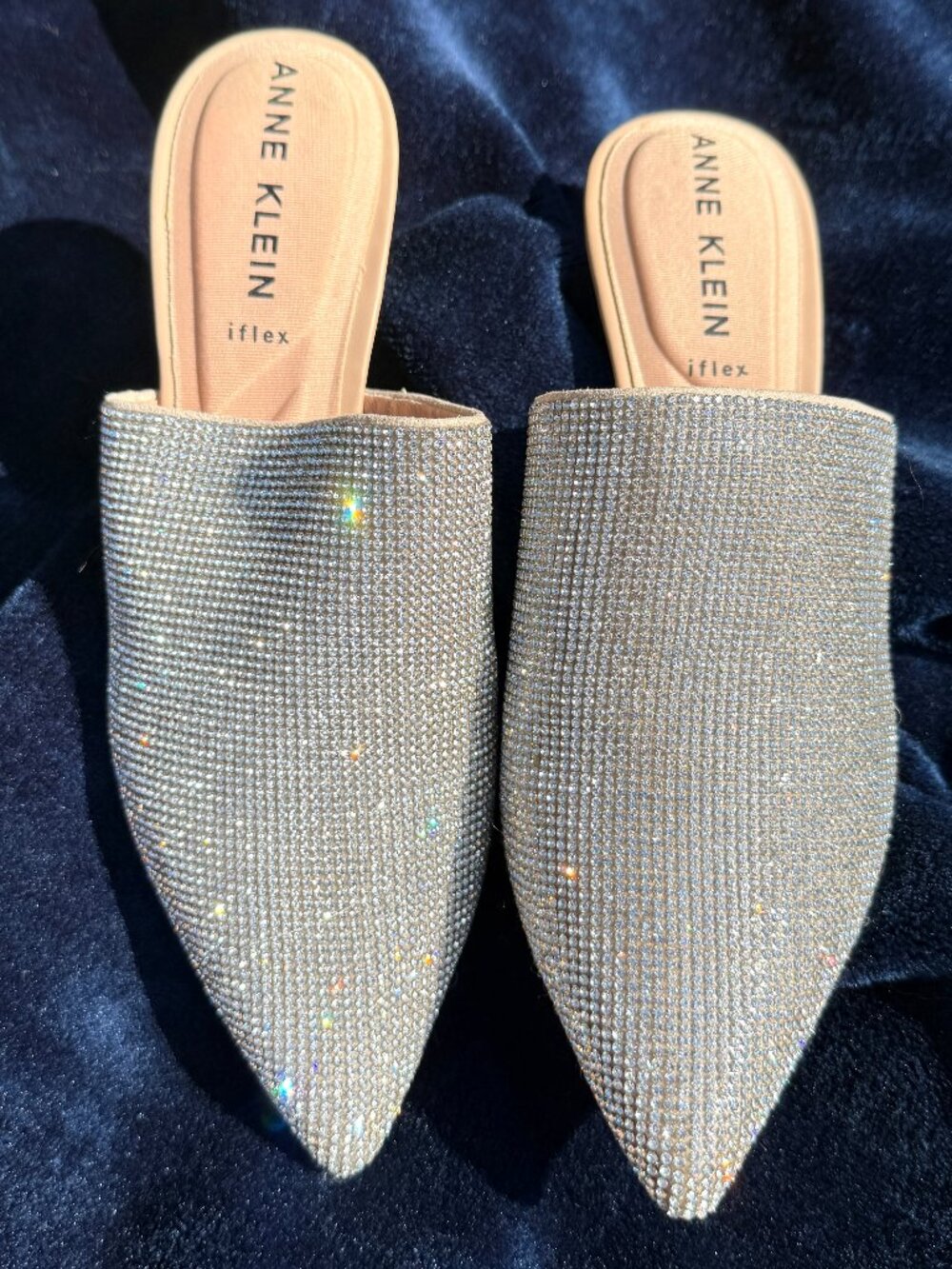 Anne Klein iFlex Silver Rhinestone Slip-On Mules, Size 7